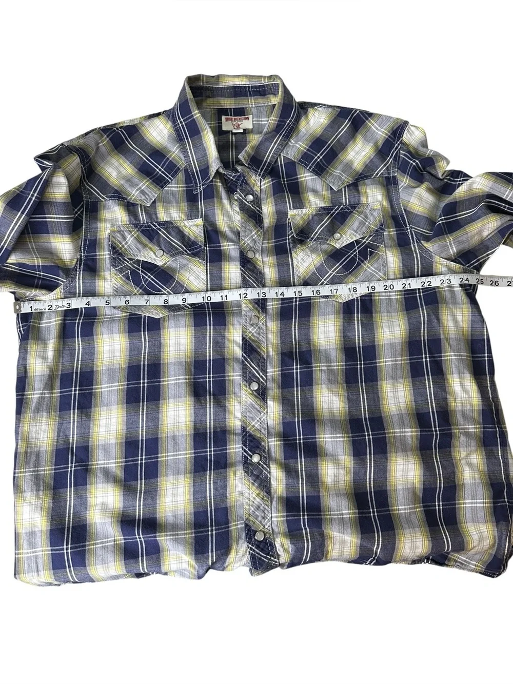 True Religion Men’s Western Plaid Pearl Snap Button Down Shirt. Size 2XL